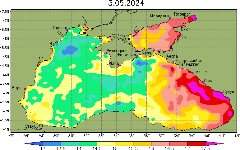 Температура води в Чорному морі в ці дні (теплова карта):