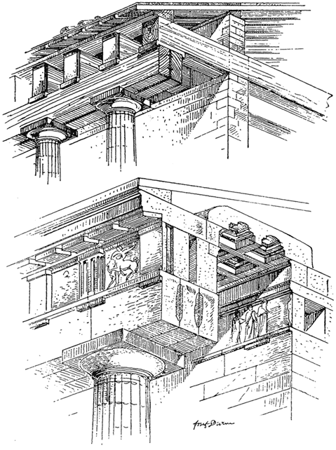 Парфенон: А - фасад: 1) стереобат: а - стилобат;  2) колона, що складається зі стовбура (б) і капітелі: в - шийка капітелі;  г - вріз;  д - ремінці;  е - ехін;  ж - абак;  3) антаблемент: з - архітрав;  і - тенія;  до - поличка, або регула;  л - краплі, або гутти;  м - фриз;  н - метопи;  про - тригліфи;  р - карниз, або гейсон;  з - мутули;  т - виносна плита;  у - Сіма, або ринву, утворений крайнім рядом покрівельної черепиці над похилими карнизами фронтону і (не завжди) уздовж бічних сторін споруди, з отворами для випуску води в вигляді левових голів;  ф - лобова черепиця (антефикс);  х - солоні - плоска черепиця;  ц - каліптер (черепиця, що перекриває шов);  Б - розріз;  В - вид антаблемента знизу;  Г - фрагмент плану храму