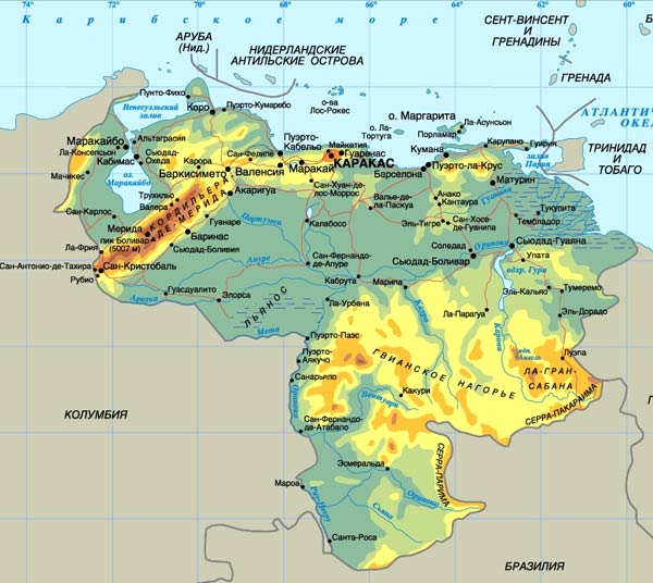 Венесуела на карті світу розташована на   кордоні з Колумбією   ,   Гайаною   і   Бразилією   , Що омивається атлантичними океанськими і морськими карибськими водами