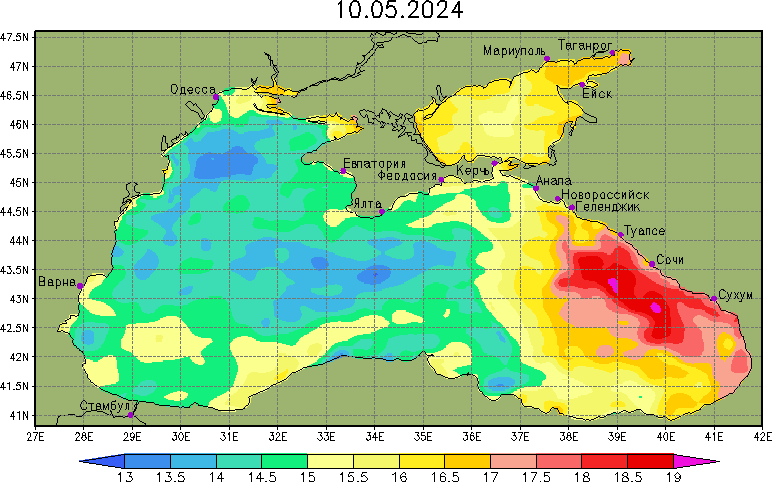Температура води в Чорному морі в ці дні (теплова карта):