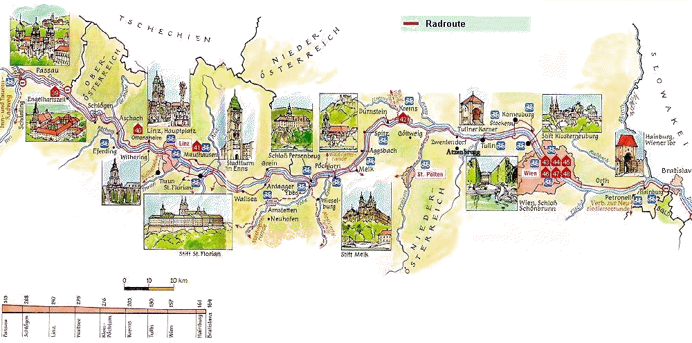 Класичний веломаршрут (він же пішохідний) від «від Пассау до Відня» йде по мальовничій долині Вахау (Wachau), повз живописнейшей петлі вигину Дунаю, де на високих берегах розмістилися замки, а в долинах абрикосові сади