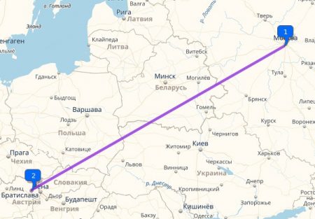Відстань між Москвою і Австрією становить близько 1700 км по прямій лінії